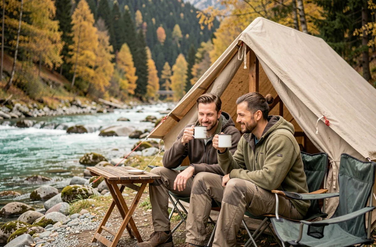 Couple en camping au bord d'une rivière alpine en Haute-Savoie entouré de forêts et de nature préservée