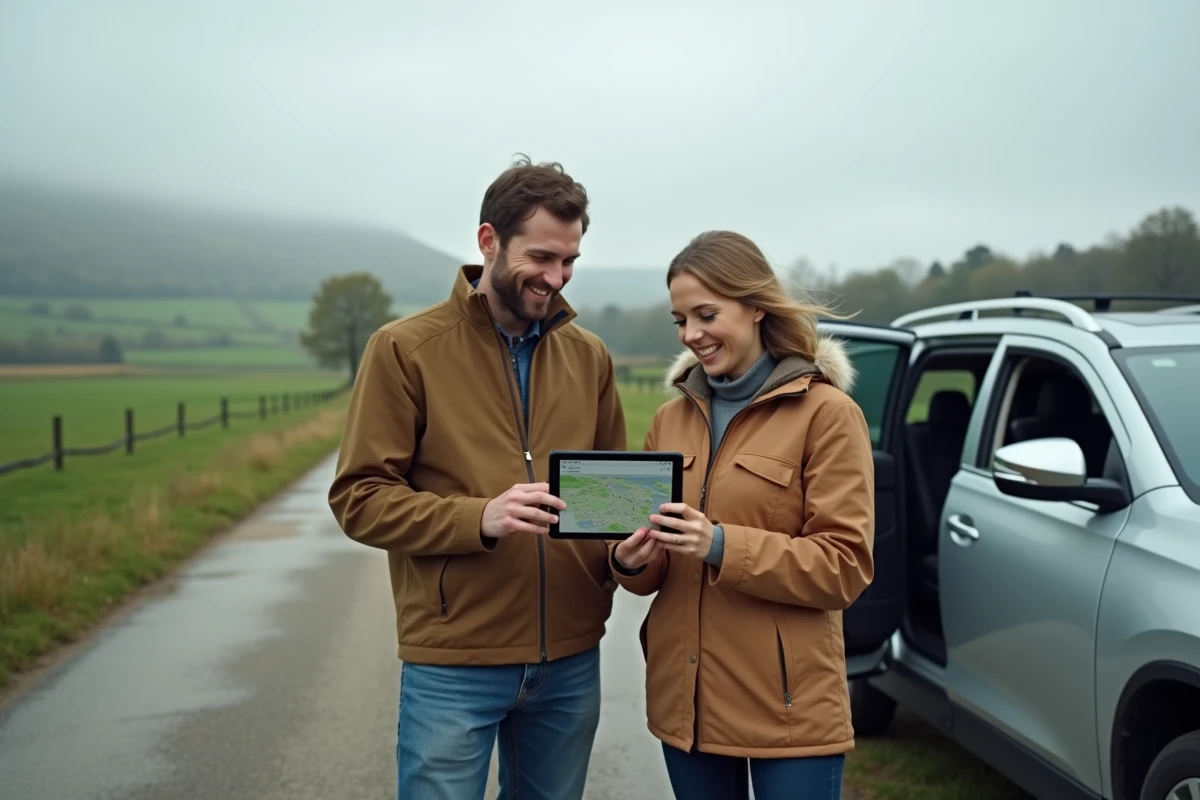 Couple consultant une carte routière en ligne sur tablette au bord d'une route de campagne