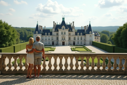 Couple regardant le château de la Loire depuis la terrasse