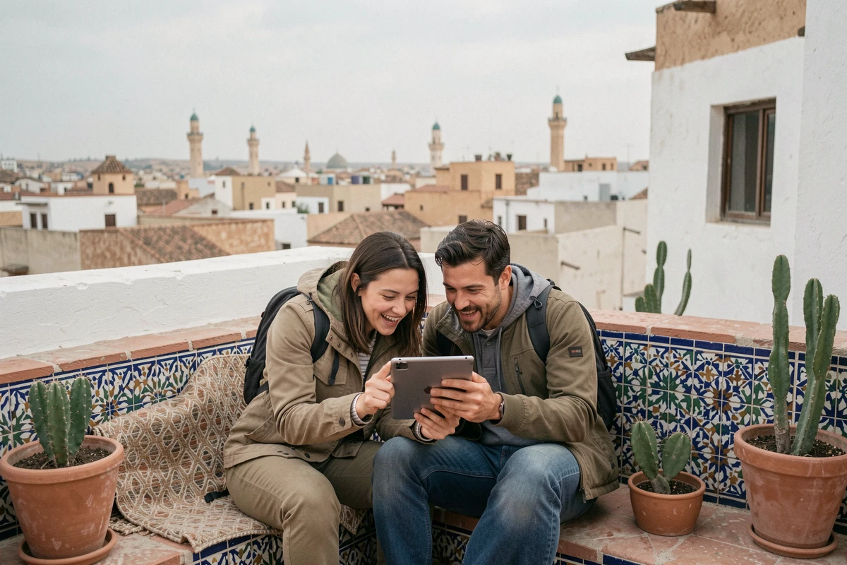 Couple comparant des forfaits mobiles pour le Maroc sur une tablette depuis une terrasse de riad