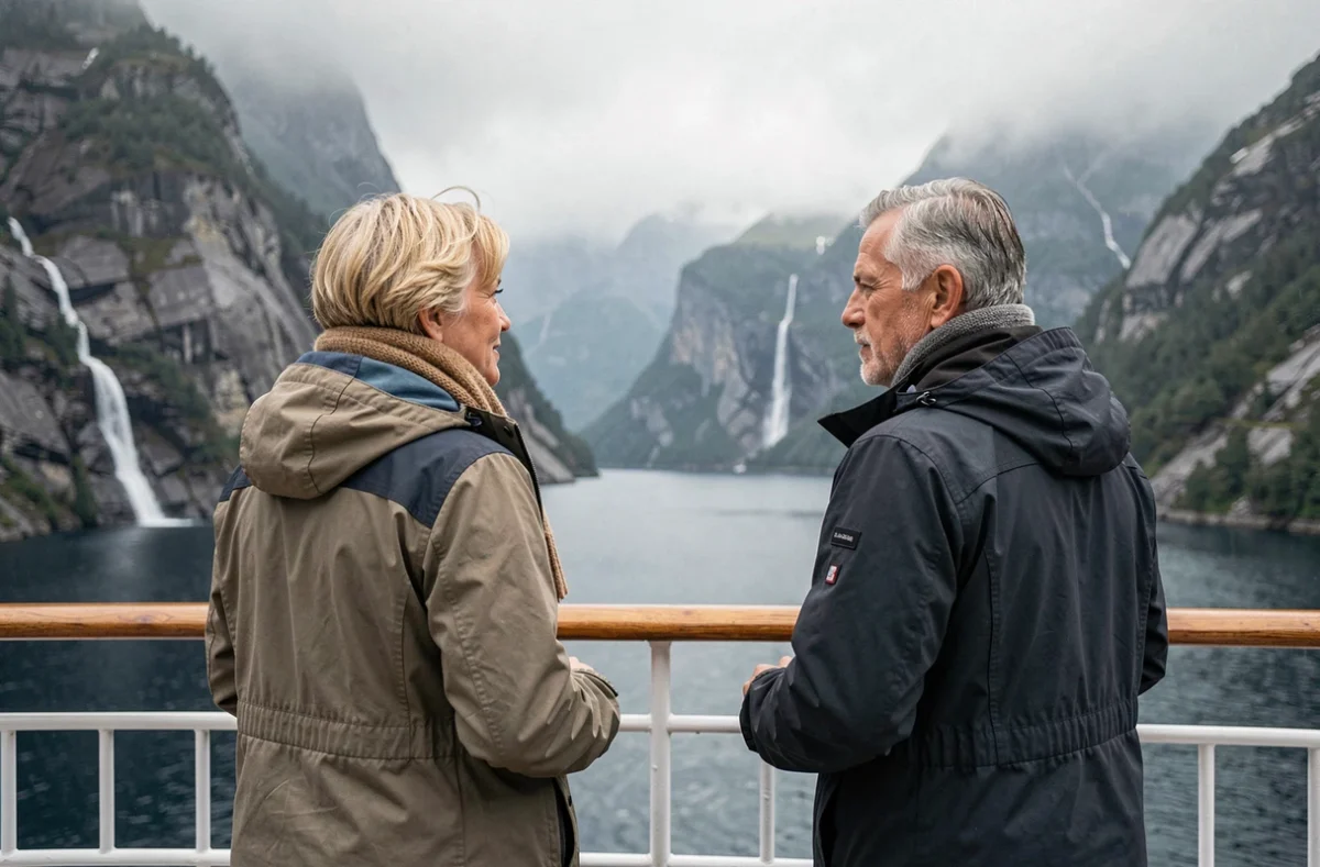 Couple de voyageurs observant le paysage depuis le pont d'un navire de croisière en Norvège