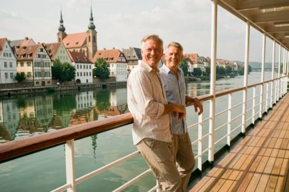 Couple de voyageurs en croisière fluviale européenne sur le pont d'un bateau admirant un village pittoresque au bord du Rhin