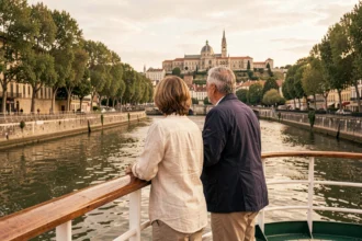 Couple sur le pont d'une croisière fluviale sur la Saône à Lyon avec vue sur la basilique de Fourvière