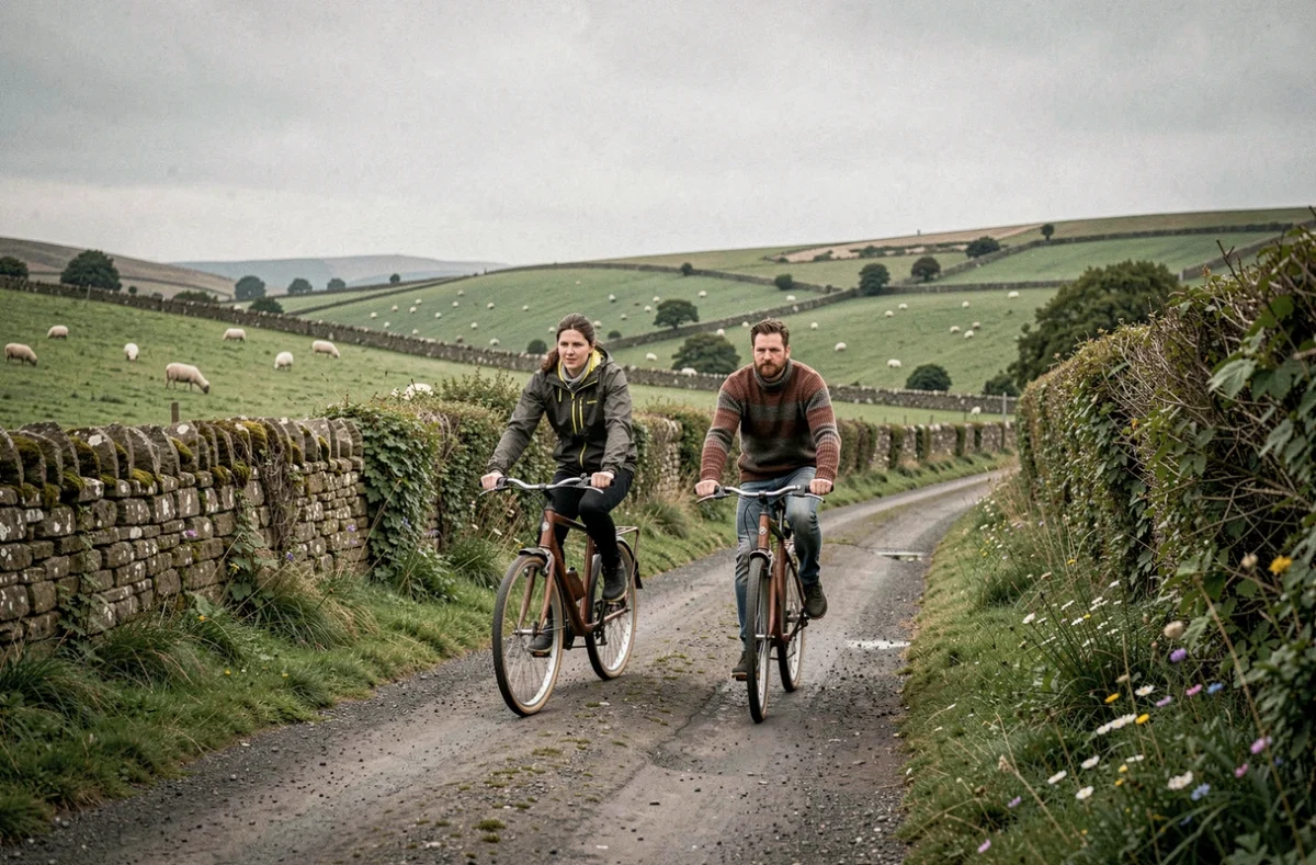 Couple de cyclistes écolos pédalant sur une route de campagne dans le comté de Kerry en Irlande
