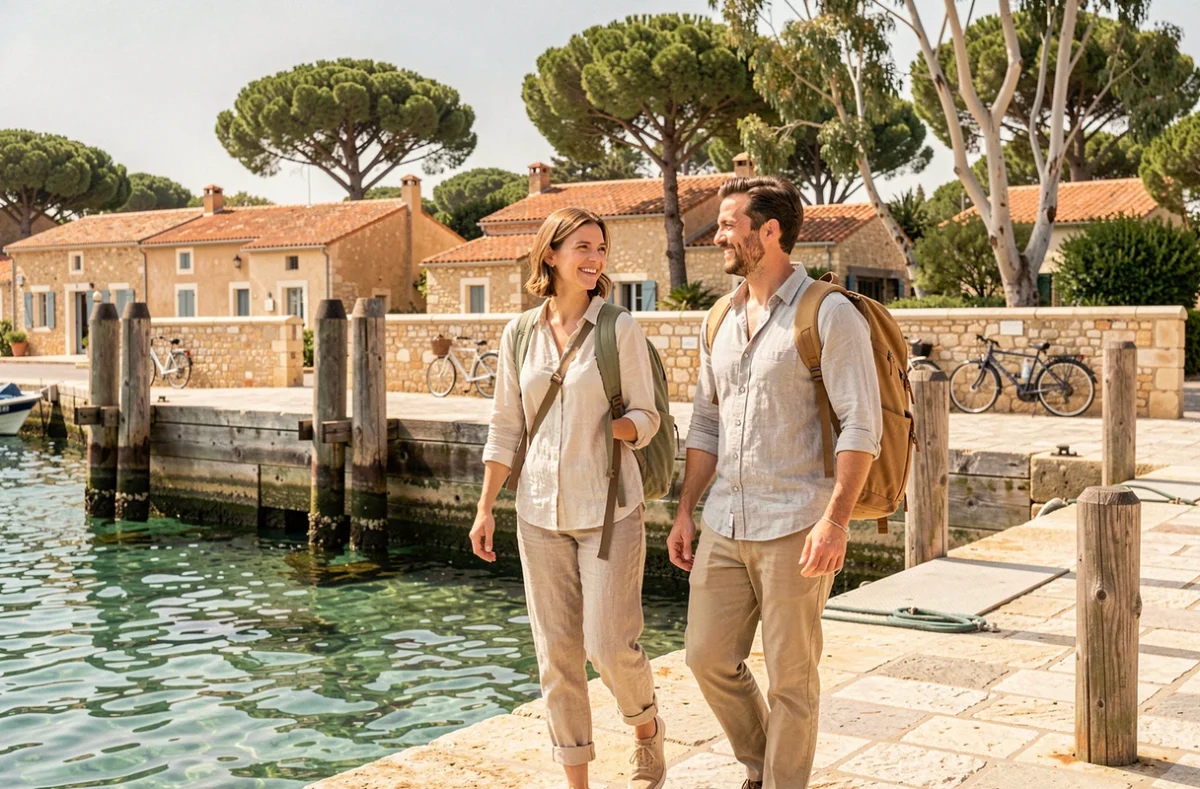 Couple débarquant du ferry sur le quai de l'île de Porquerolles en dehors des heures de pointe