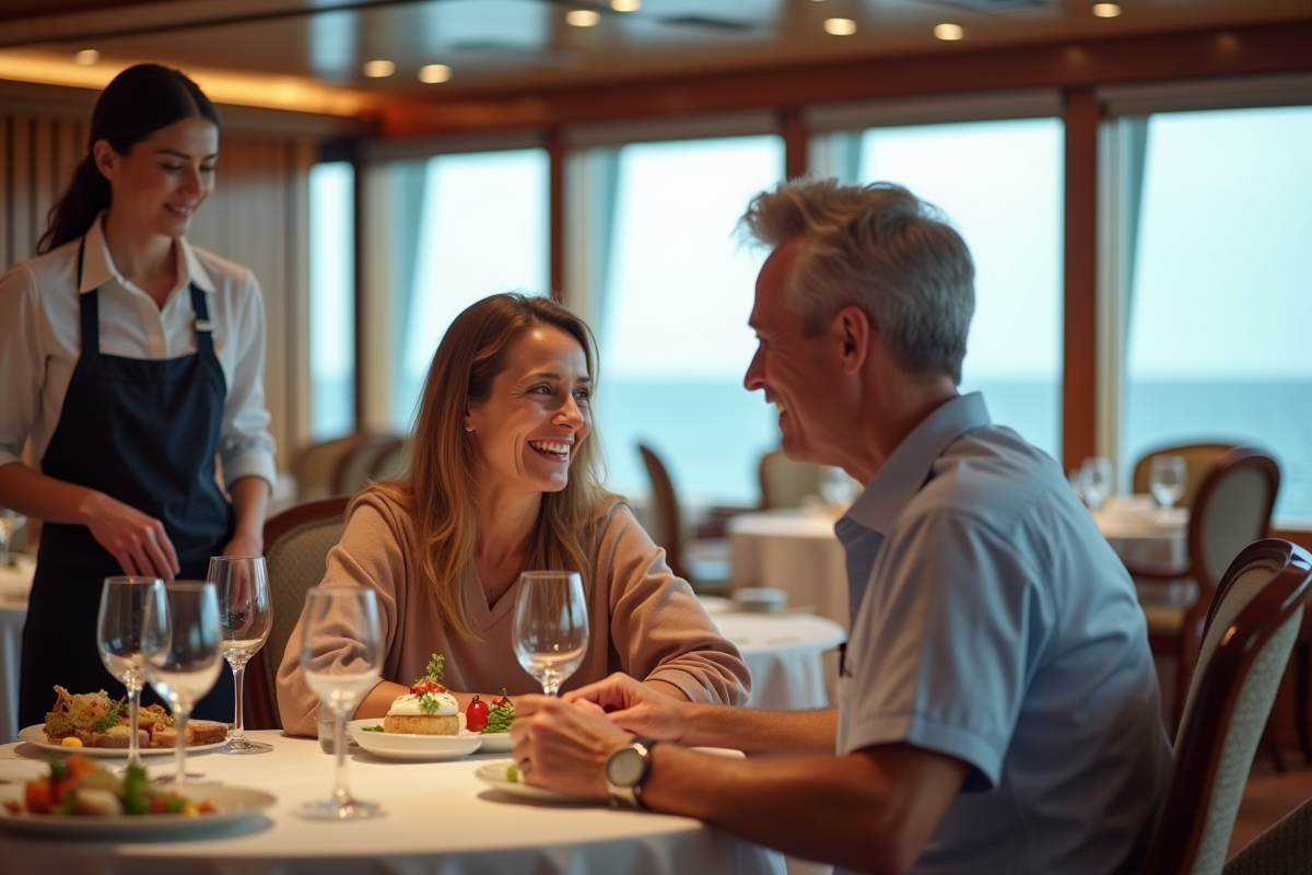 Couple en tenue chic profitant d'un dîner à bord d'un bateau de croisière
