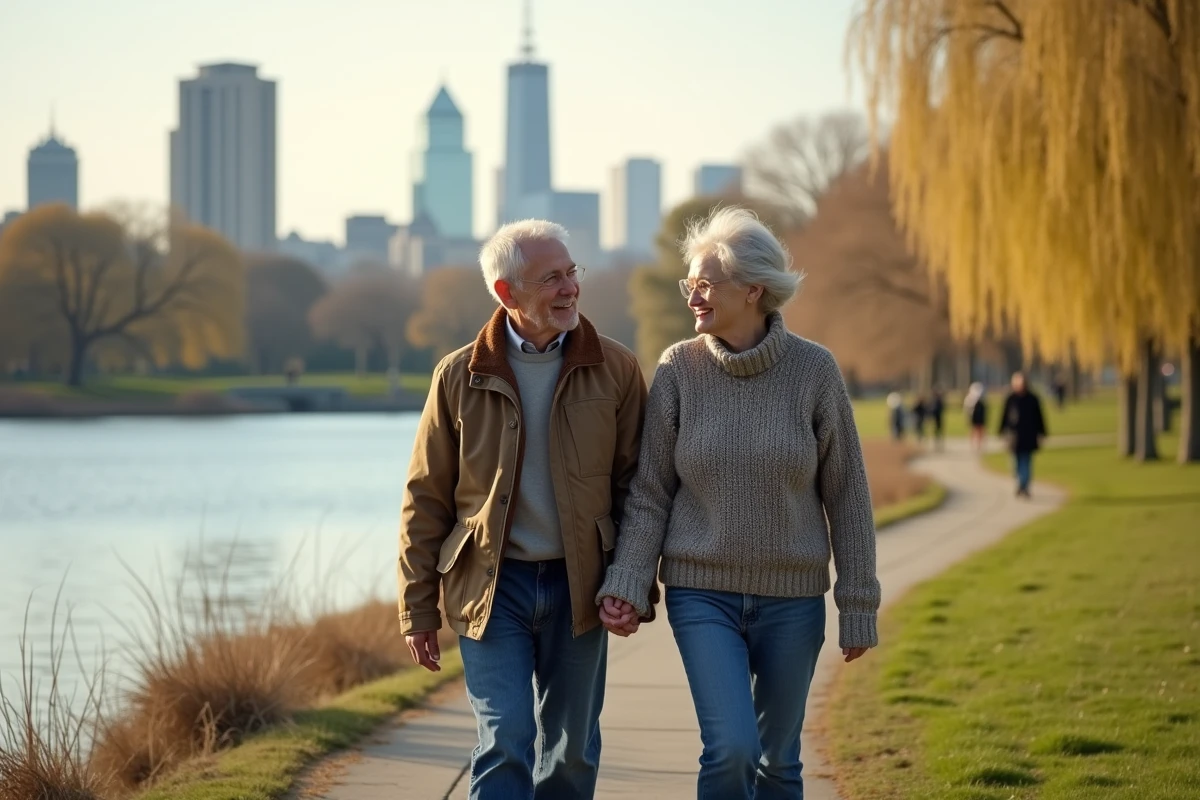 Couple âgé marchant main dans la main au bord du lac dans le parc