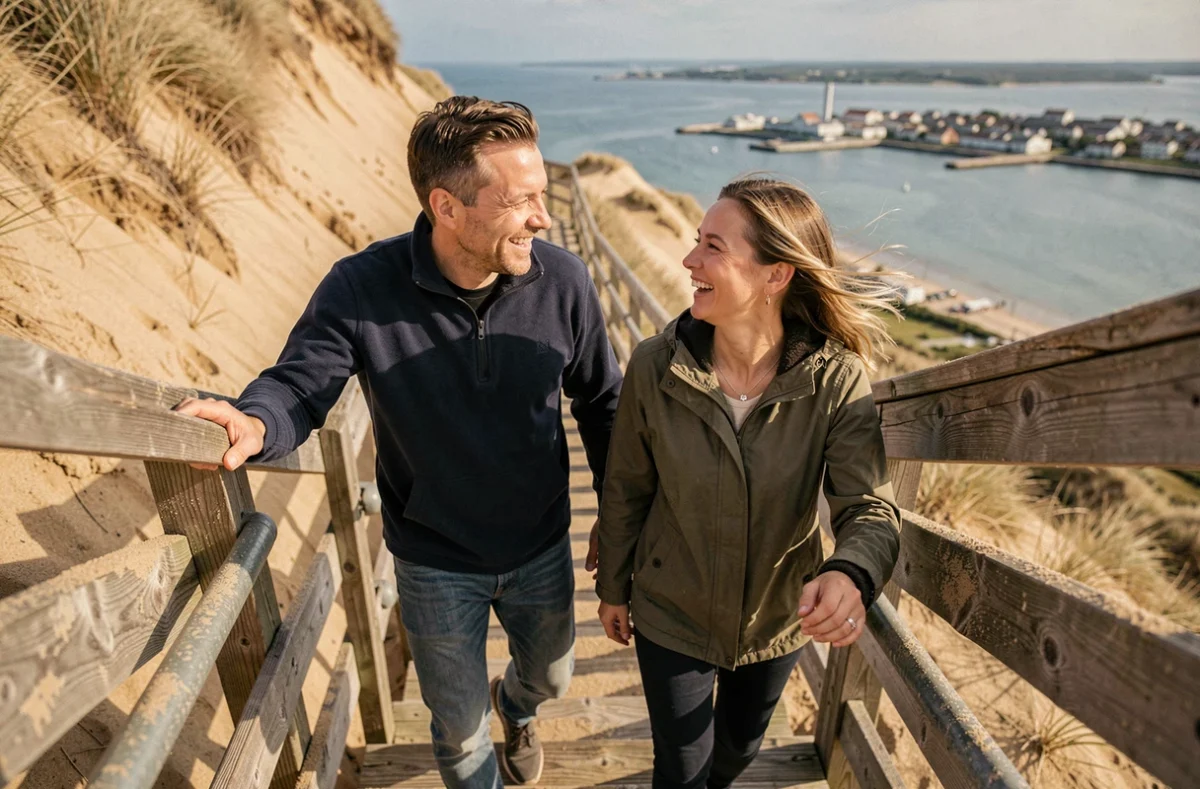 Couple gravissant l'escalier en bois d'accès à la Dune du Pilat avec vue sur le bassin d'Arcachon