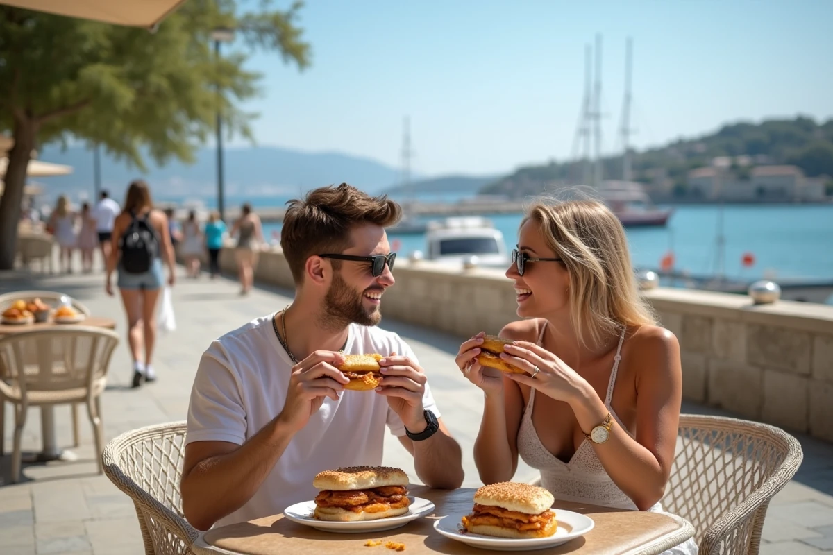 Jeune couple dégustant des fritira en terrasse au bord de mer