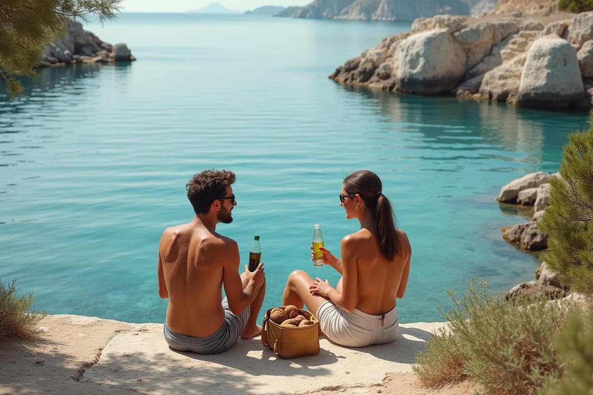Couple pique-niquant sur le ponton de Liméni avec les maisons-tours en arrière-plan, idée de voyage pas cher en Grèce