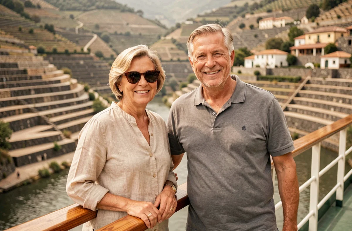 Couple profitant de la vue sur le fleuve Douro depuis le pont d'un bateau de croisière