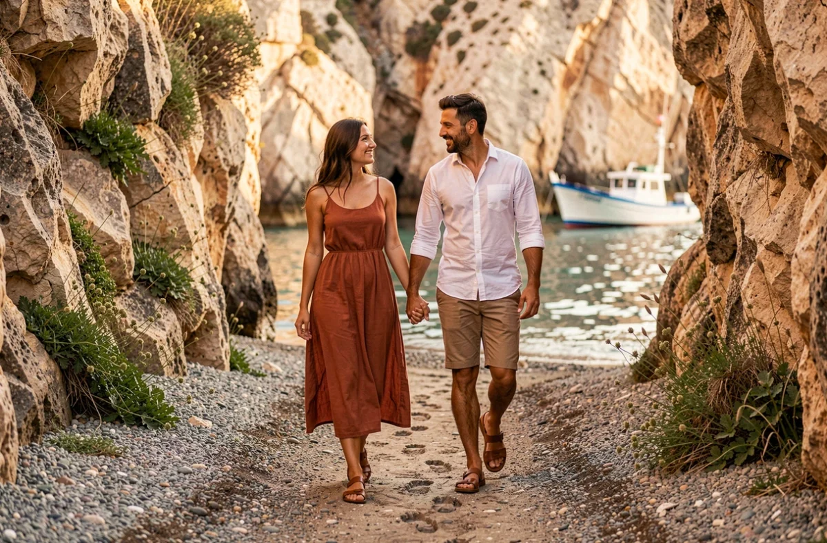Couple se promenant main dans la main sur une plage de galets entourée de falaises calcaires au coucher du soleil à Héraklion