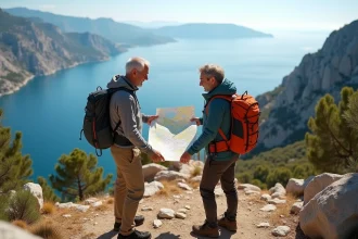 Couple en randonnée sur la côte nord de Corse avec carte