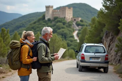 Couple avec sac à dos devant le château de Requesens