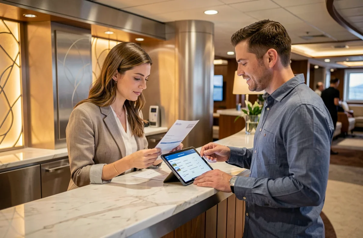 Couple consultant les tarifs et itinéraires de croisière MSC à la réception d'un paquebot