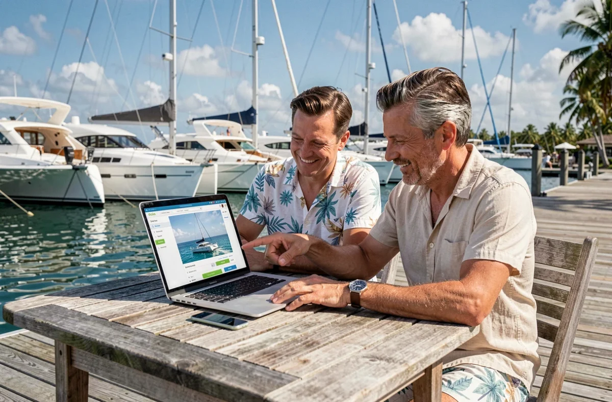 Couple réservant une croisière en catamaran en ligne depuis un port de la Caraïbe