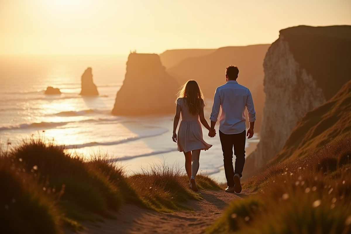Couple romantique marchant main dans la main sur la côte bretonne au coucher du soleil