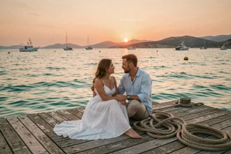 Couple romantique assis sur un ponton en bois face à la mer Égée au coucher du soleil près d'Héraklion en Crète