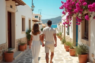 Couple romantique se promenant dans une ruelle pavée d'un village crétois traditionnel avec bougainvilliers