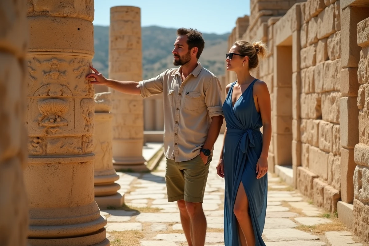 Couple explorant les ruines antiques du palais de Knossos en Crète lors d'un voyage romantique