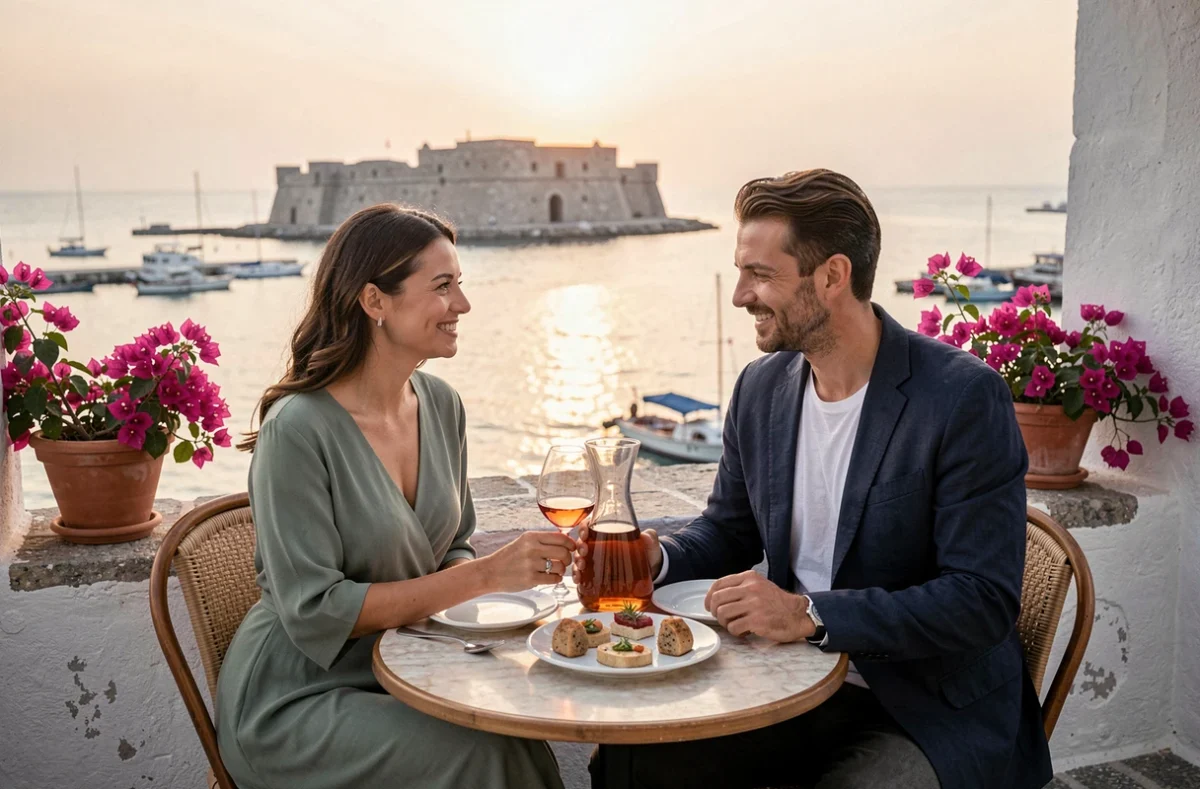 Couple attablé en terrasse sur le port d'Héraklion partageant un verre de rosé avec la forteresse vénitienne en arrière-plan au crépuscule