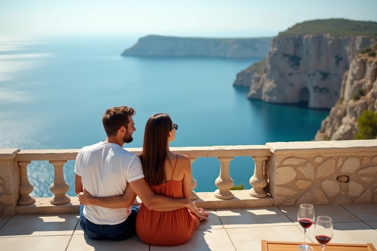 Couple amoureux assis sur une terrasse en pierre avec vue panoramique sur la mer Égée en Crète