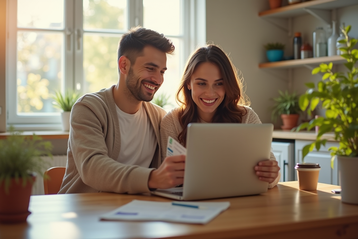 Couple souriant cherchant un hôtel pour vacances à la maison