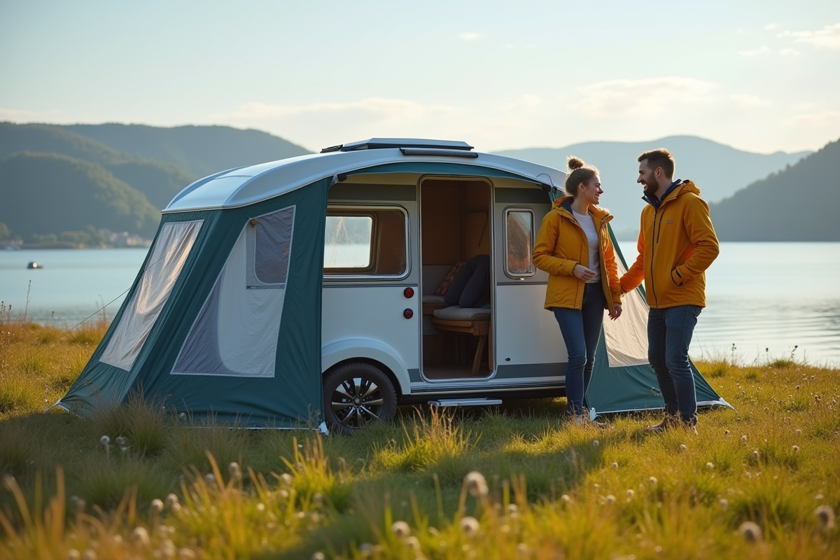 Jeune couple installant une caravane au bord du lac
