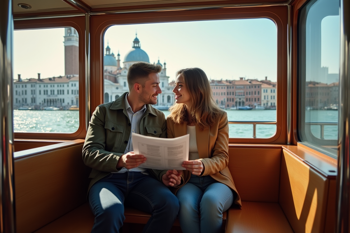 Jeune couple discutant dans un vaporetto à Venise