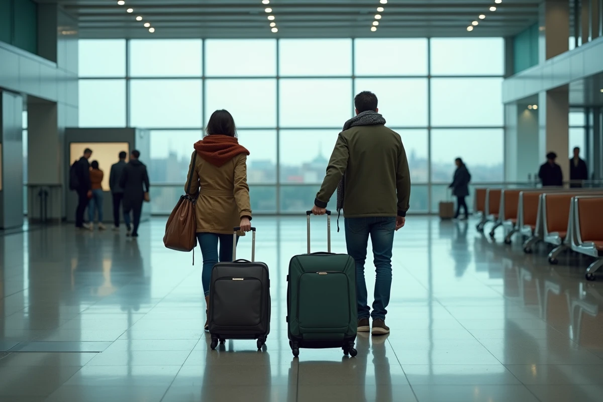 Couple voyageant hors saison dans un aéroport européen quasi désert avec leurs valises, profitant des offres dernière minute Leclerc Voyages