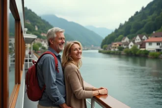 Couple souriant regardant la rivière en croisière en Europe