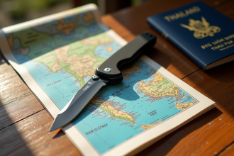 Couteau de poche sur une table en bois avec passeport et carte en Thaïlande