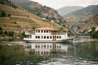 Bateau de croisière naviguant sur le Douro au Portugal avec des vignobles en terrasses sur les collines