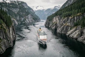 Bateau de croisière naviguant dans les fjords norvégiens entouré de falaises enneigées