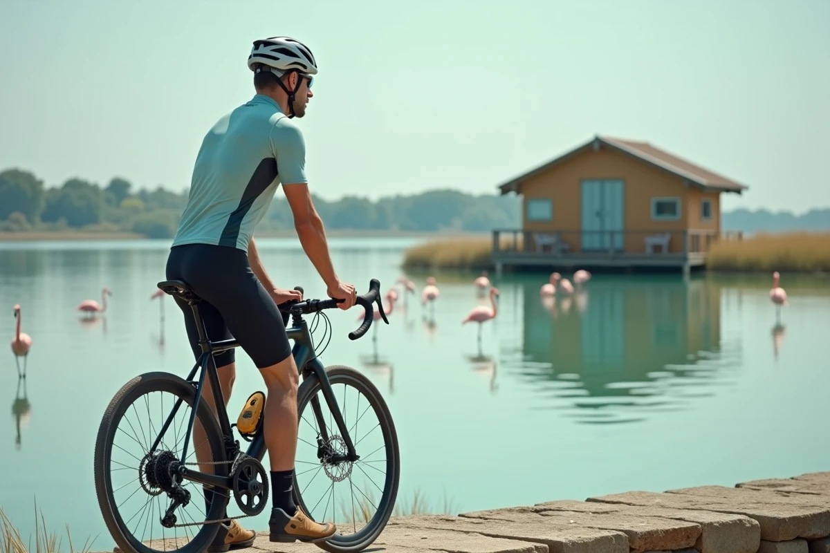 Cycliste homme faisant une pause au bord de l'étang de Gruissan avec cabanes de pêcheurs traditionnelles