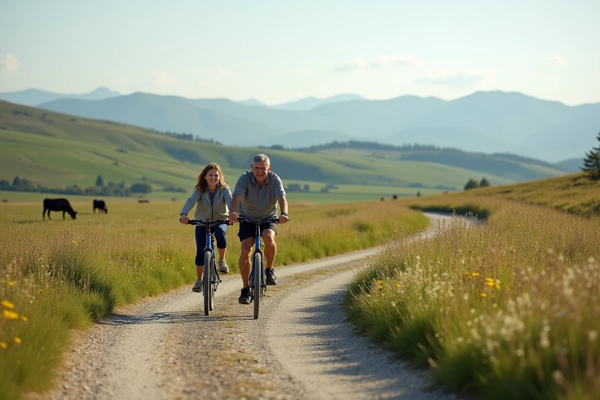 Un homme et une jeune fille à vélo dans le paysage volcanique d
