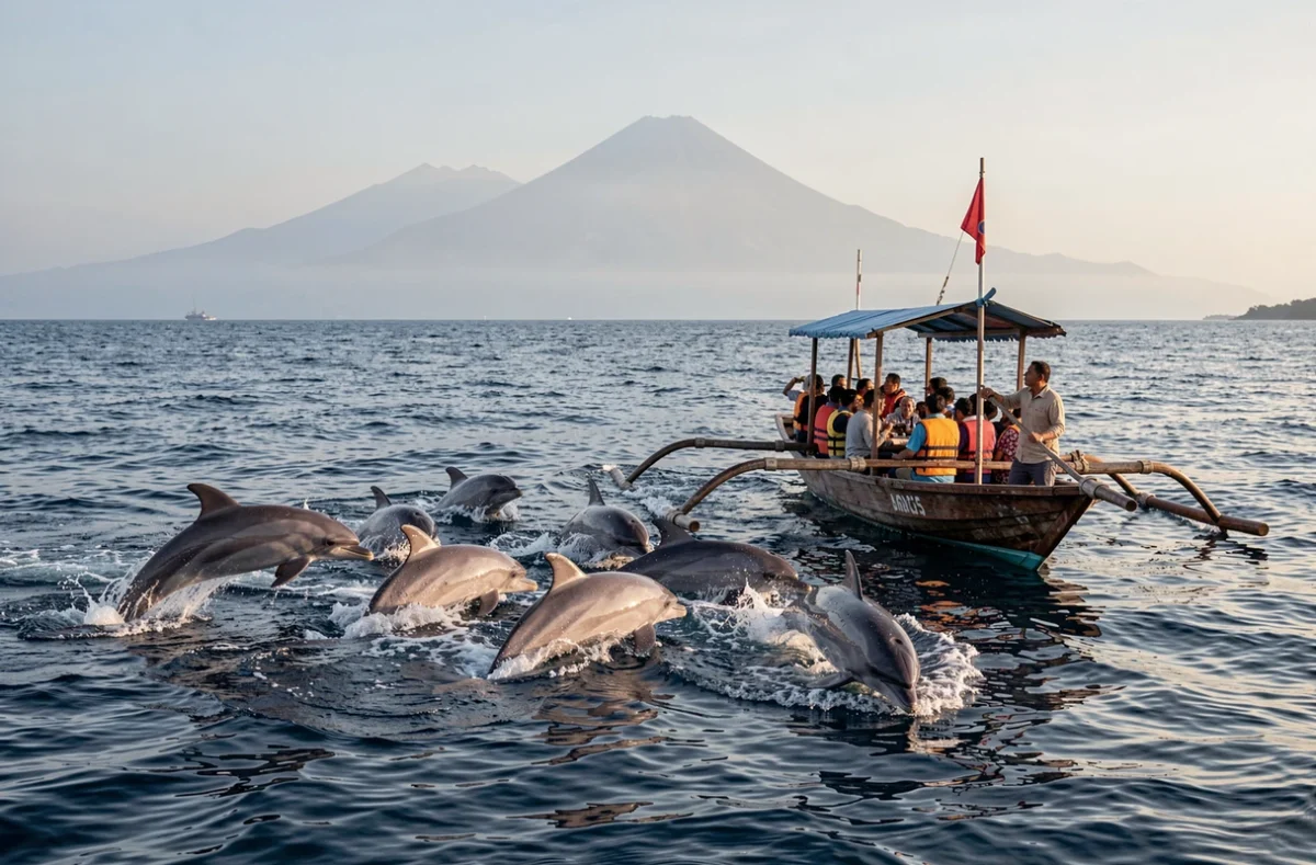 Dauphins sauvages bondissant près d'un bateau de touristes lors d'une excursion à Lovina Beach, Bali, au lever du soleil