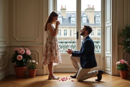 Demande en mariage dans un appartement haussmannien parisien avec parquet et moulures, homme à genoux tenant un écrin ouvert face à une femme surprise