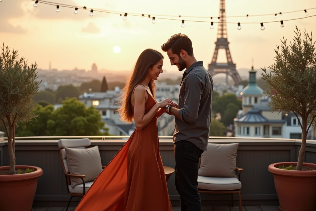 Couple fiancé sur une terrasse parisienne avec vue sur la Tour Eiffel floue en arrière-plan, bague de fiançailles lors d'un logement insolite à Paris