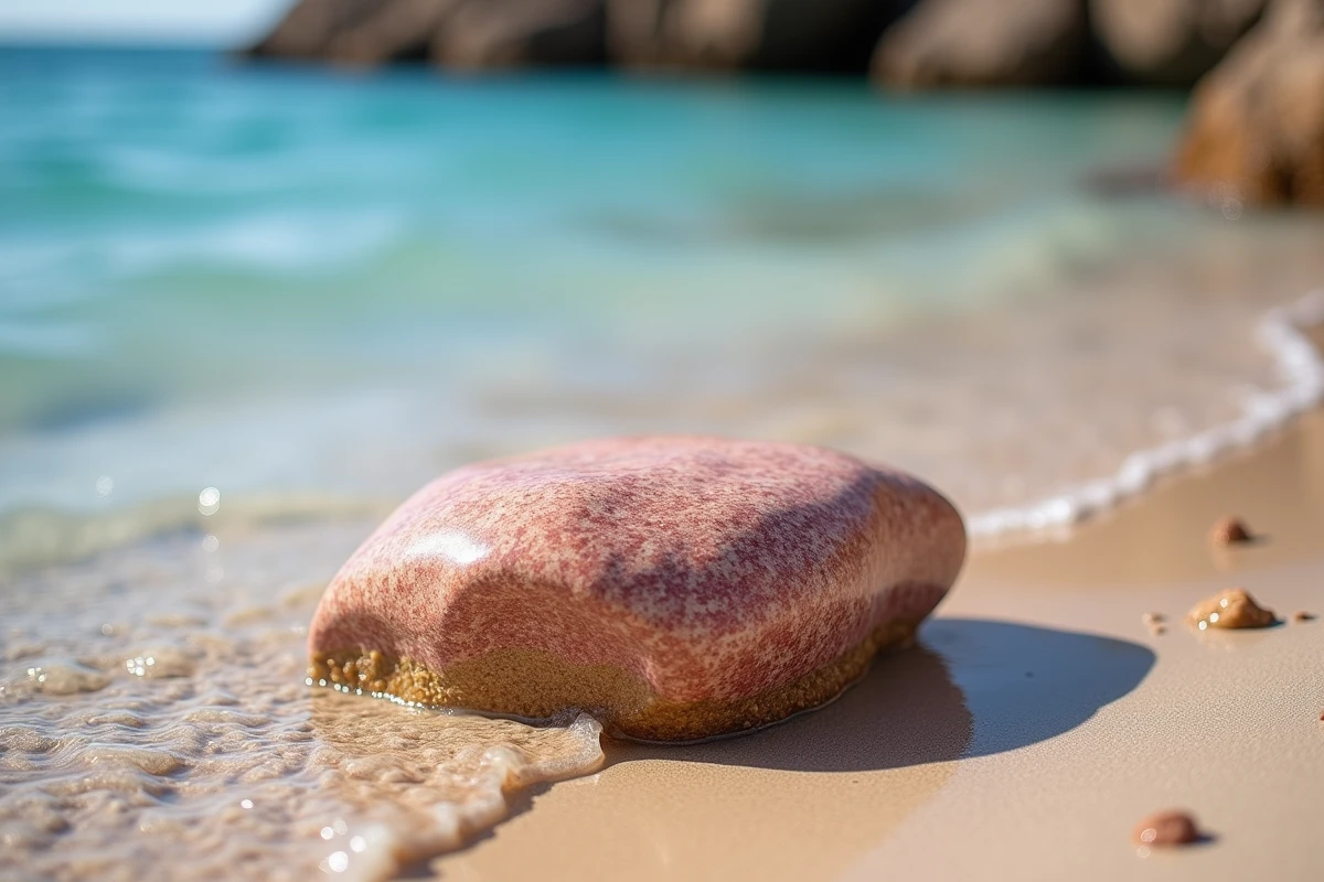 Détail macro d'un rocher de granite rose de Palombaggia au bord de l'eau avec sable et mer turquoise en Corse