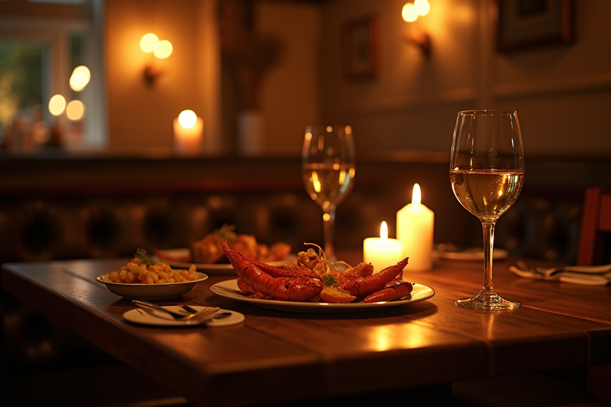 Diner intime aux chandelles dans une auberge bretonne avec fruits de mer et vin blanc