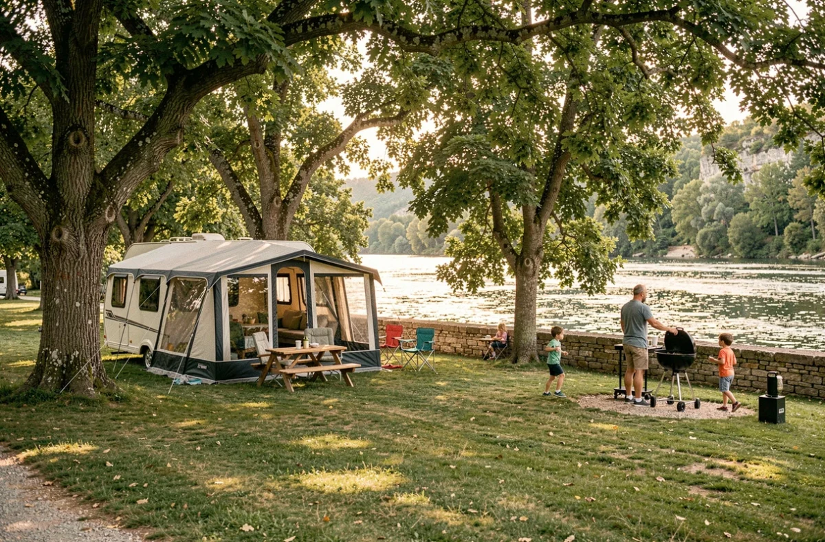 Grande parcelle de camping au bord de l'Ardèche au Domaine de Gil avec caravane familiale