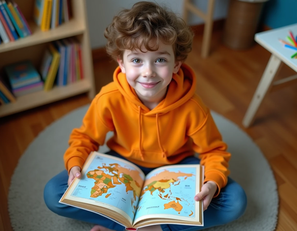 Jeune garçon consultant un atlas illustré montrant Dubaï en Asie, idéal pour expliquer la géographie aux enfants et ados