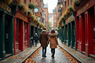 Rue pavée de Temple Bar à Dublin en automne avec des feuilles dorées et un couple en manteaux de laine