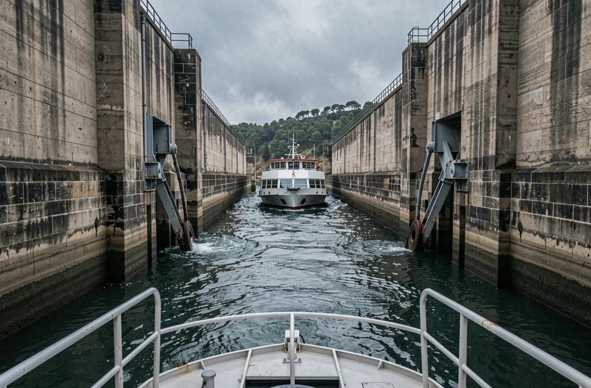 Bateau de croisière traversant une écluse sur le Douro au Portugal
