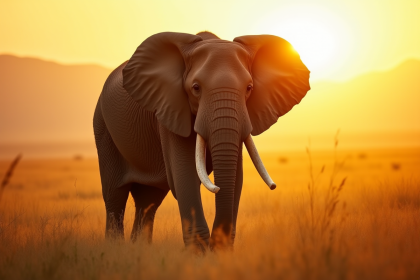 Eléphant sauvage dans la savane au lever du soleil