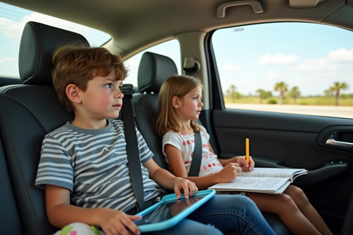 Enfants occupés dans la voiture lors du trajet entre Miami et Orlando sur l'autoroute de Floride