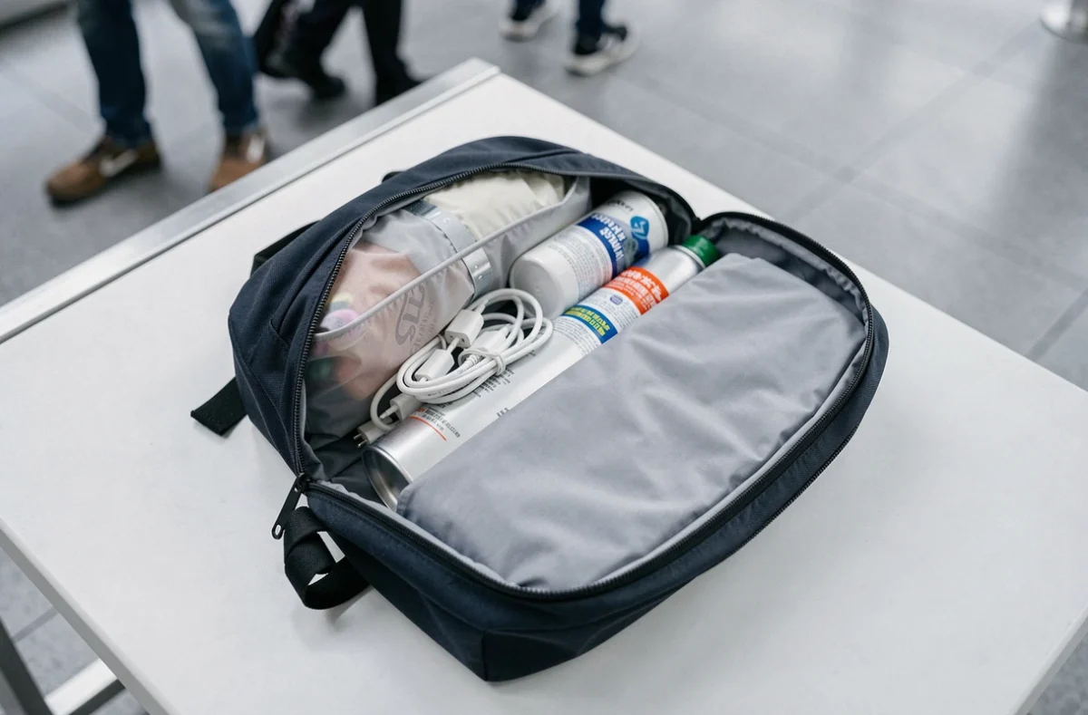 Sac à dos de voyage ouvert montrant des erreurs d'emballage fréquentes refusées en bagage cabine avion