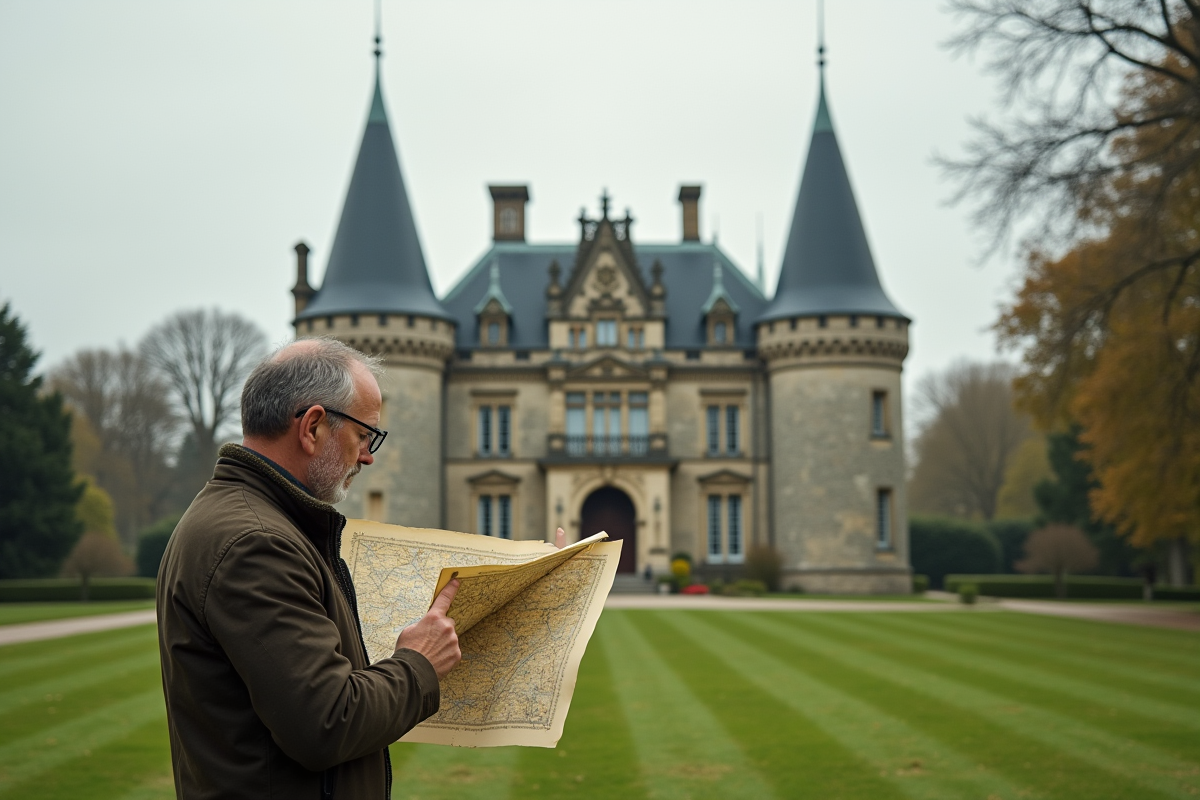 Façade du château de Chaumont avec un homme étudiant une carte
