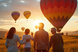 Famille multigenerational prête pour le ballon au lever du soleil